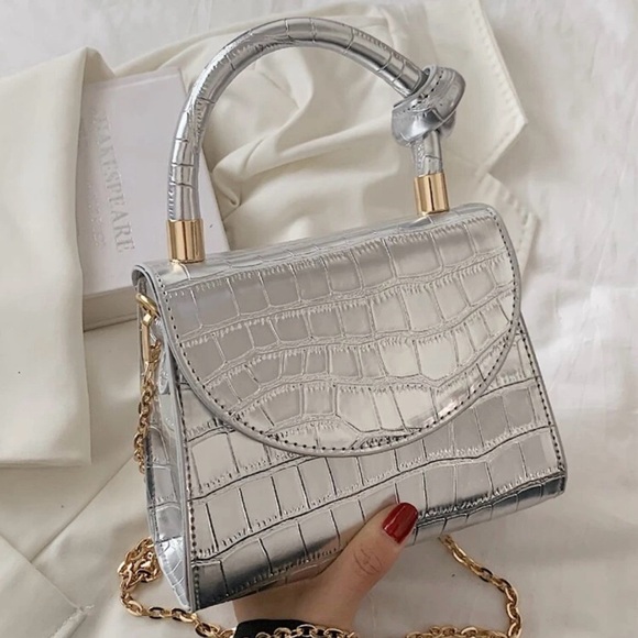 Silver Crocodile-Embossed Mini Handbag with Chain Strap - Picture 9 of 10
